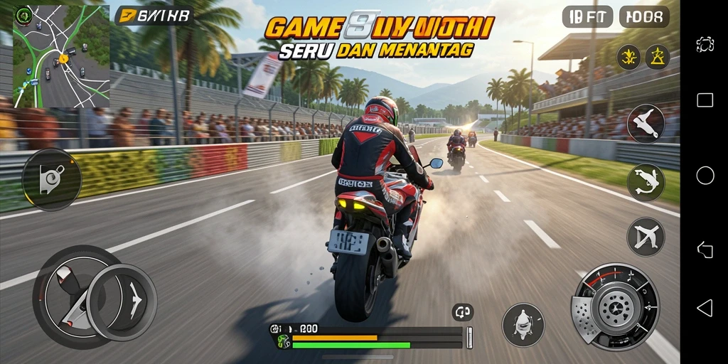 Tampilan gameplay FO8 yang mendebarkan dan penuh aksi balapan motor.