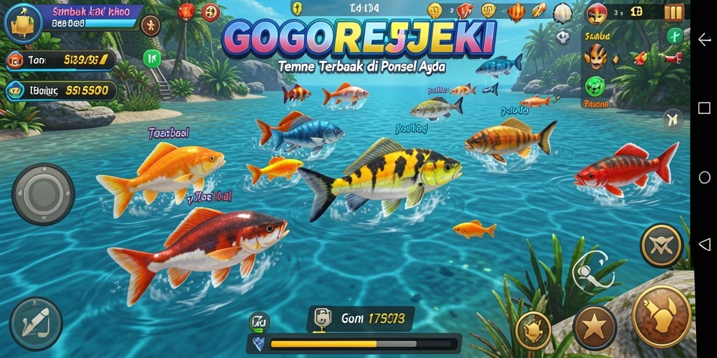 Screenshot utama GOGOREJEKI menampilkan aksi tembak ikan yang seru.