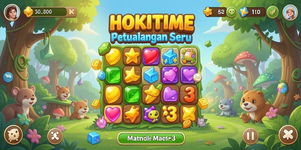 Screenshot gameplay HOKITIME menampilkan level Match-3 yang menarik.