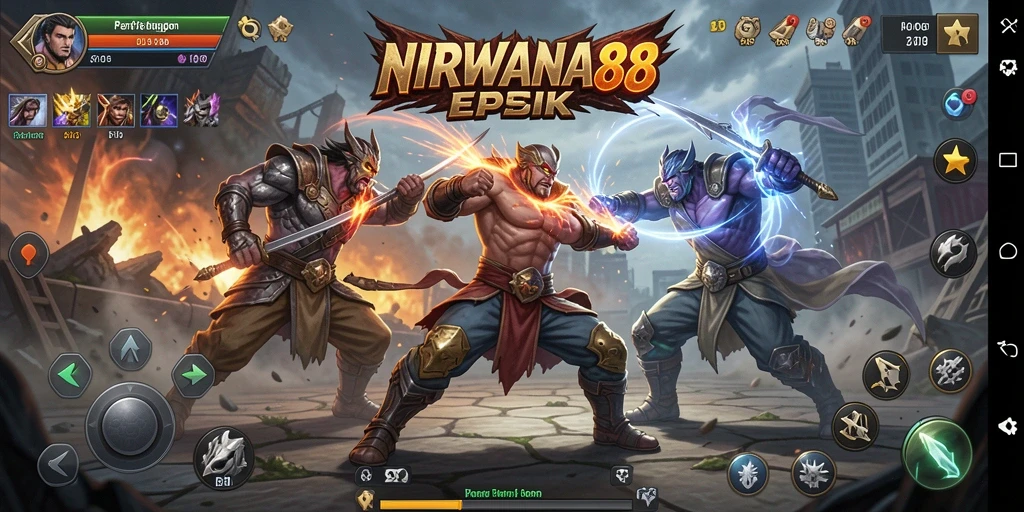 Tampilan aksi seru dalam NIRWANA88 saat karakter bertarung.