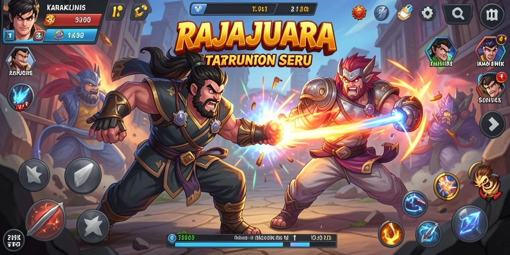 Tampilan gameplay seru dari RAJAJUARA yang menampilkan aksi pertarungan.